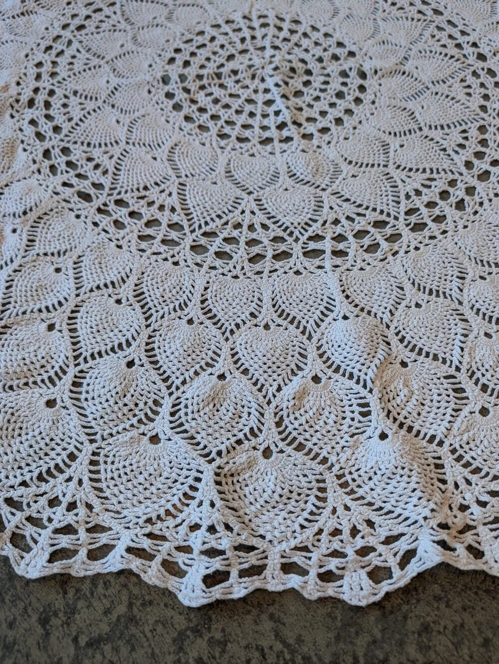 White Cotton Crochet Tablecloth Round Vintage Boho Cottage Country Handmade